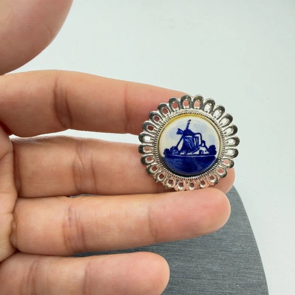 Blue White Delft Style Windmill Cabochon Silver Tone Brooch Pin Dutch Art Gift